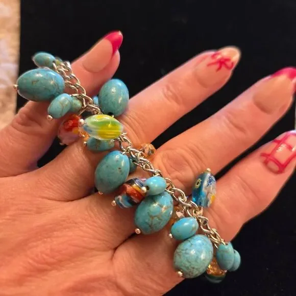 NWOT Turquoise Bead + Glass Bead Charm Bracelet - Picture 2 of 5